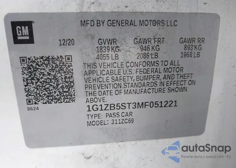 2021 Chevrolet Malibu Fwd Ls из США, поврежденный, VIN 1G1ZB5ST3MF051221